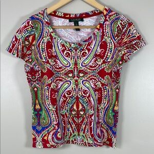 LAUREN RALPH LAUREN Red Paisley Print Feminine Fit Scoop Neck Short Sleeve Top M